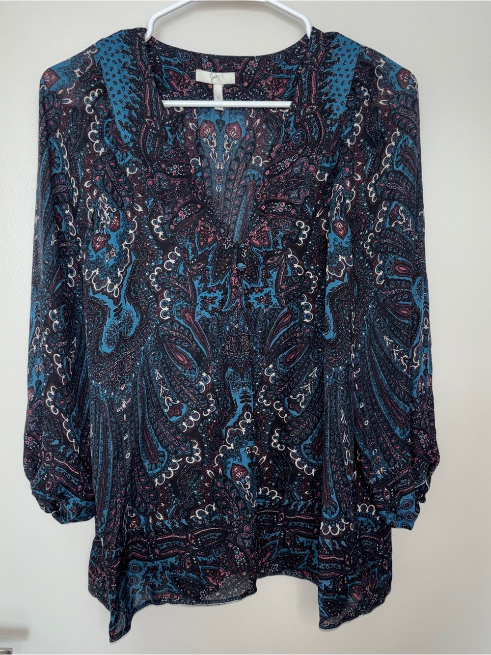 Joie Silk Teal and Black Paisley V-Neck Sheer Blouse